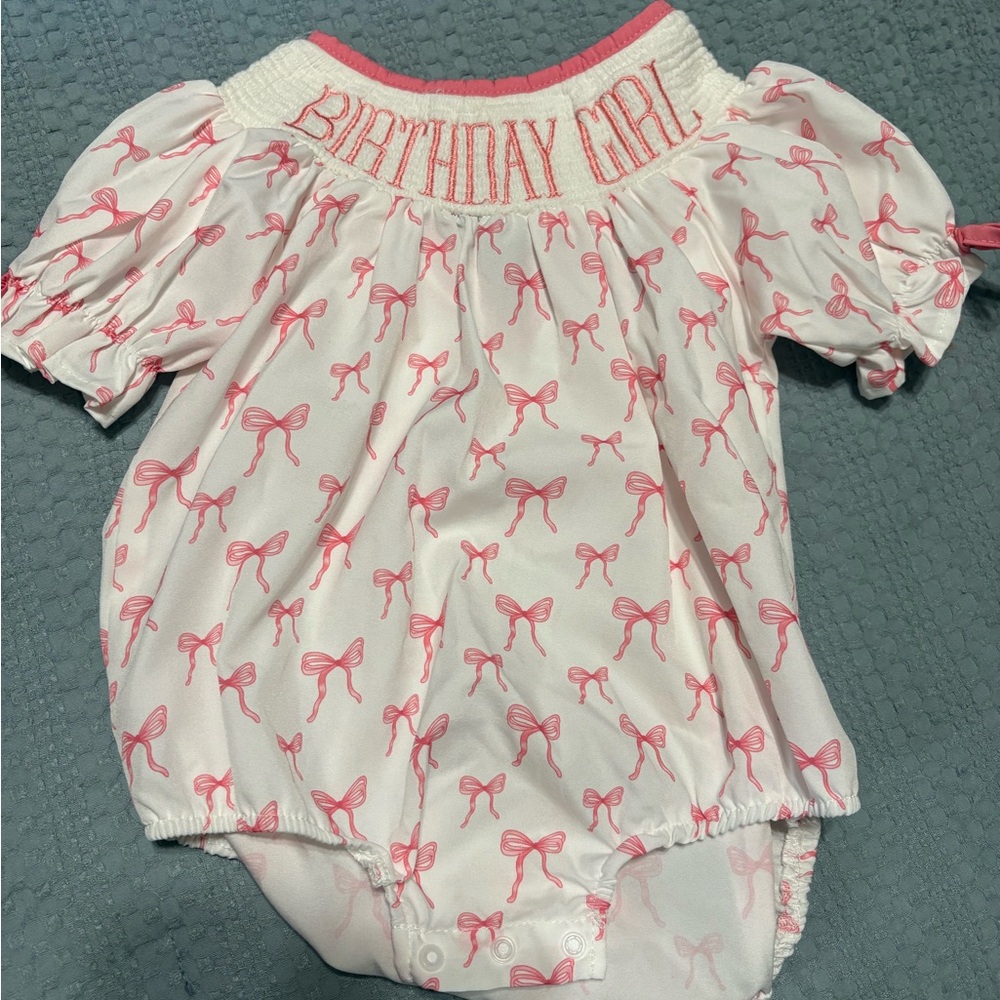 Birthday Girl Pink Bow Smocked Baby Romper